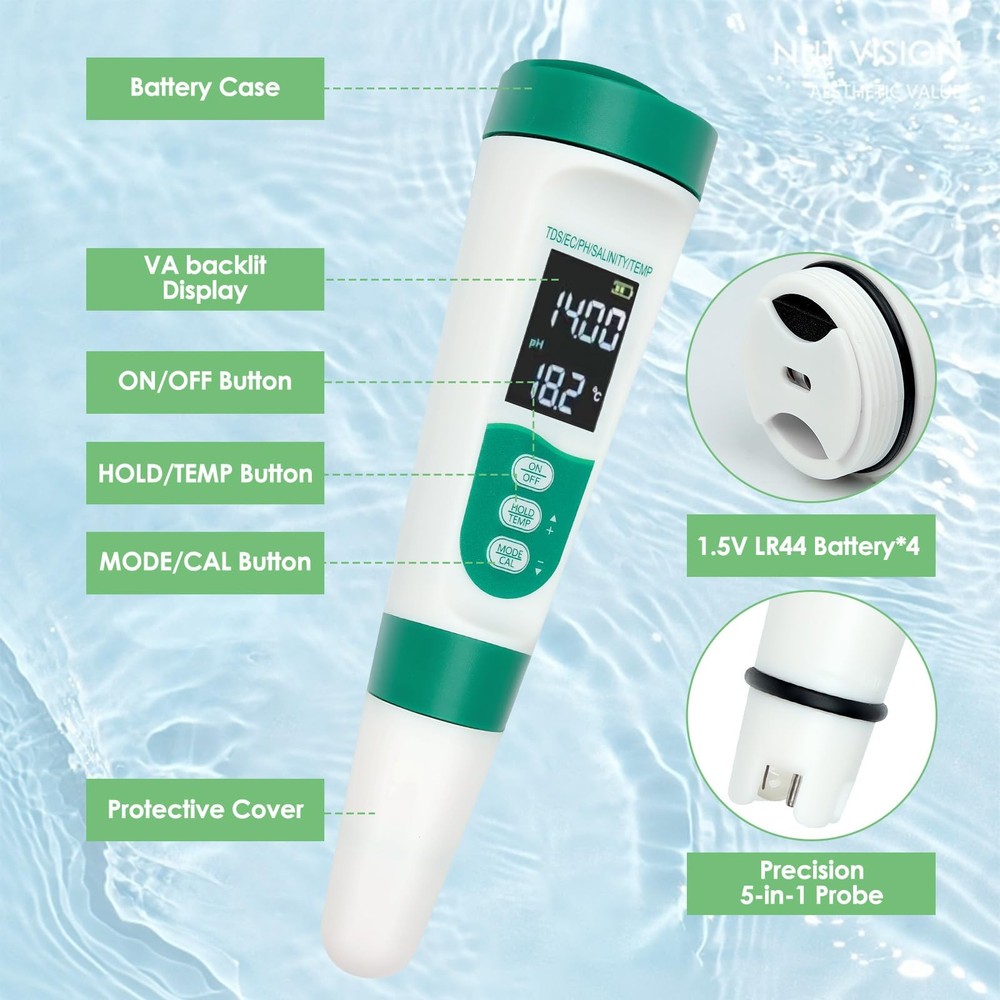 5-in-1 Digital pH Meter, Highly Accurate Water Quality Tester with Backlight ...