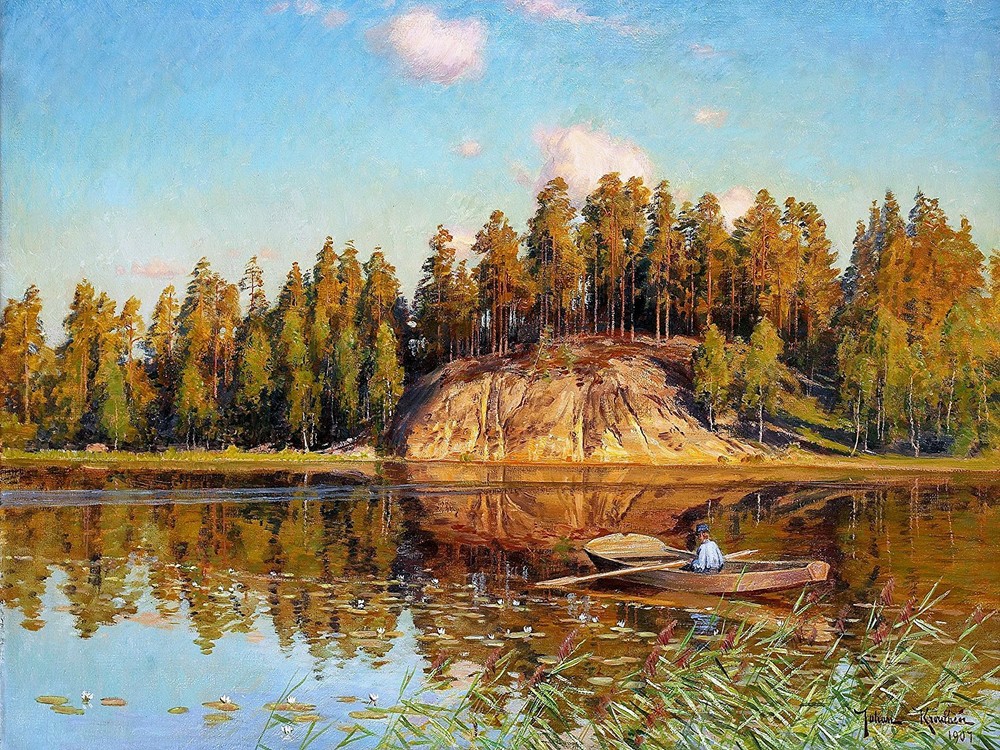 forest river boat by J. Krouthen Tile Mural Kitchen Backsplash Marble Ceramic