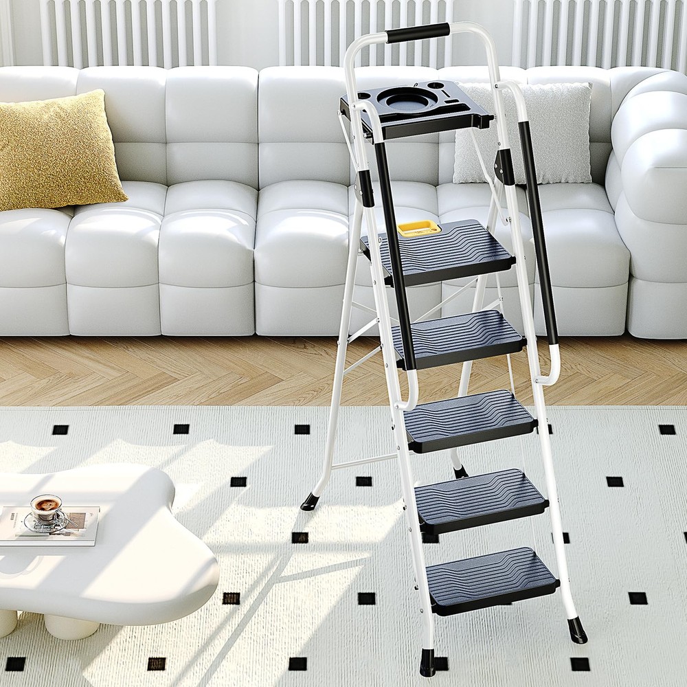KINGRACK Folding 5-Step Ladder, 800 lbs Capacity Step Stool 5-STEP, White