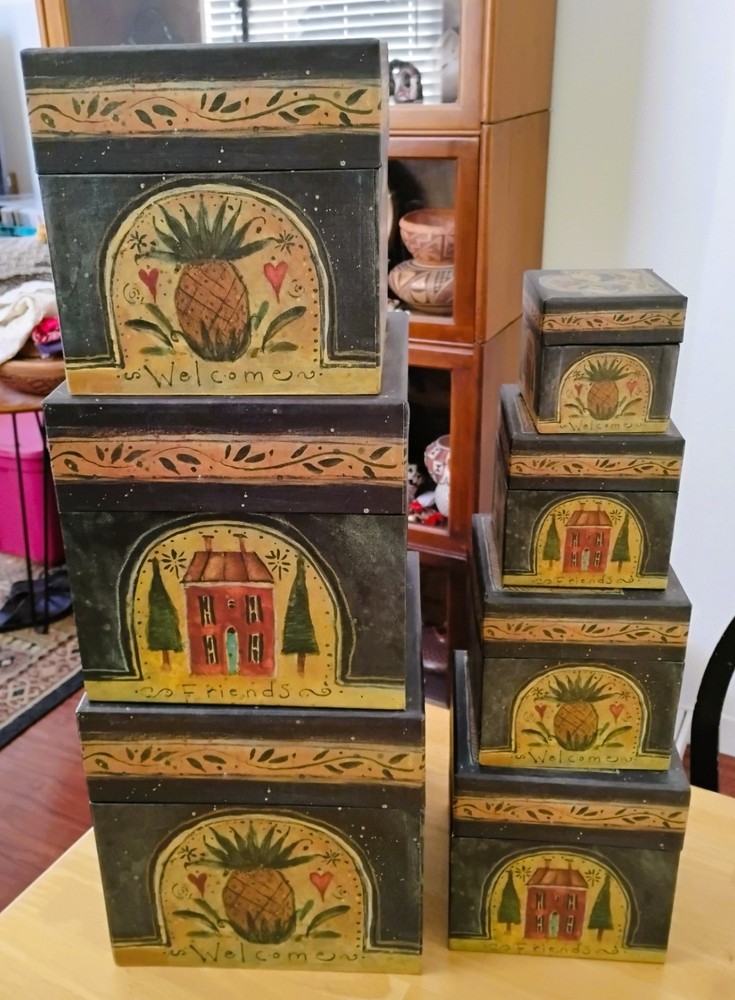 7 Bob's Boxes Primitive Welcome Friends Stackable Nesting Susan Winget Design