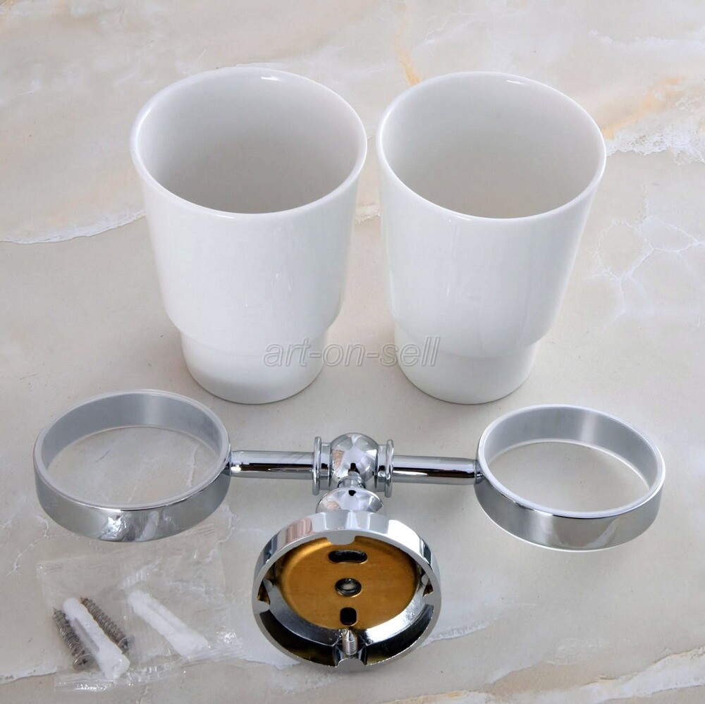 Toothbrush Holder Double Wall Mount Ceramic Cup Accessory Chrome Finish aba798