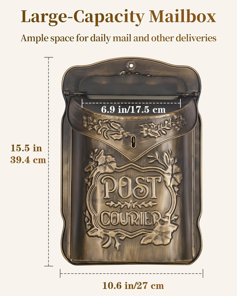Wall Mount Mailbox, Mailboxes for Outside, Decorative Vintage Mailbox, Bronze