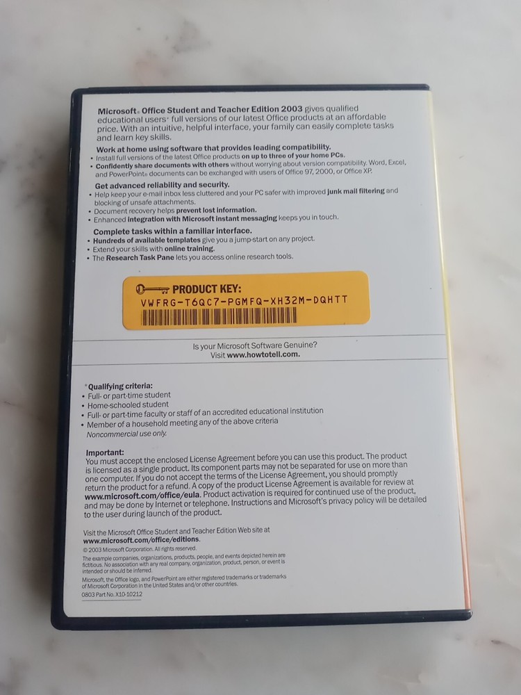 Microsoft Office Student and Teacher Edition 2003 CD Software