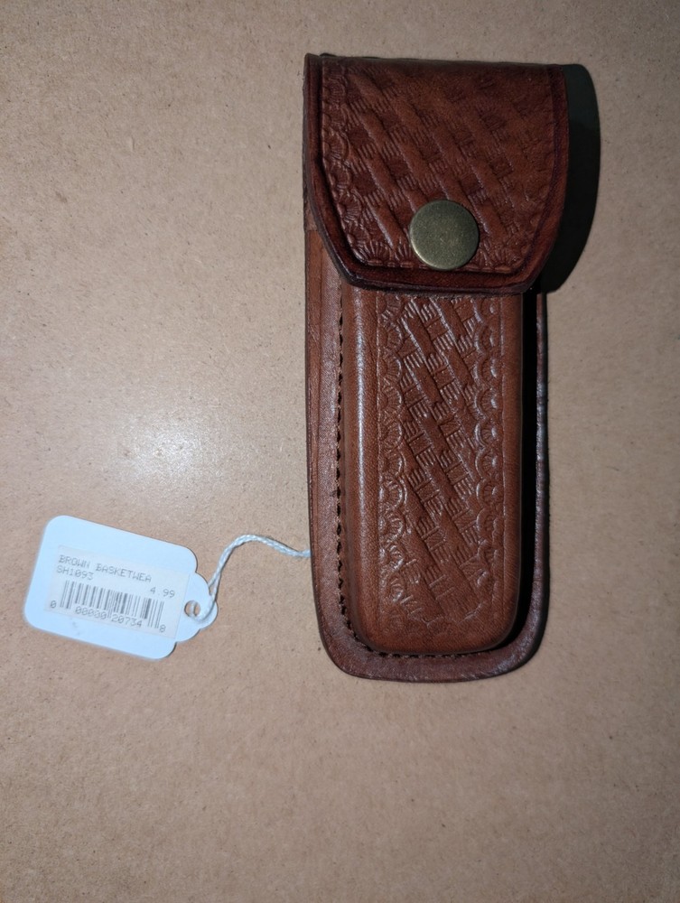 Pocket Knife Sheath Brown Leather Basketweave Folder Blade 5" Lockback Belt Case