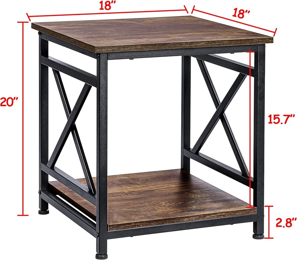 Industrial End Table Side Table with 2-Tier Storage Shelf, 18'' Square