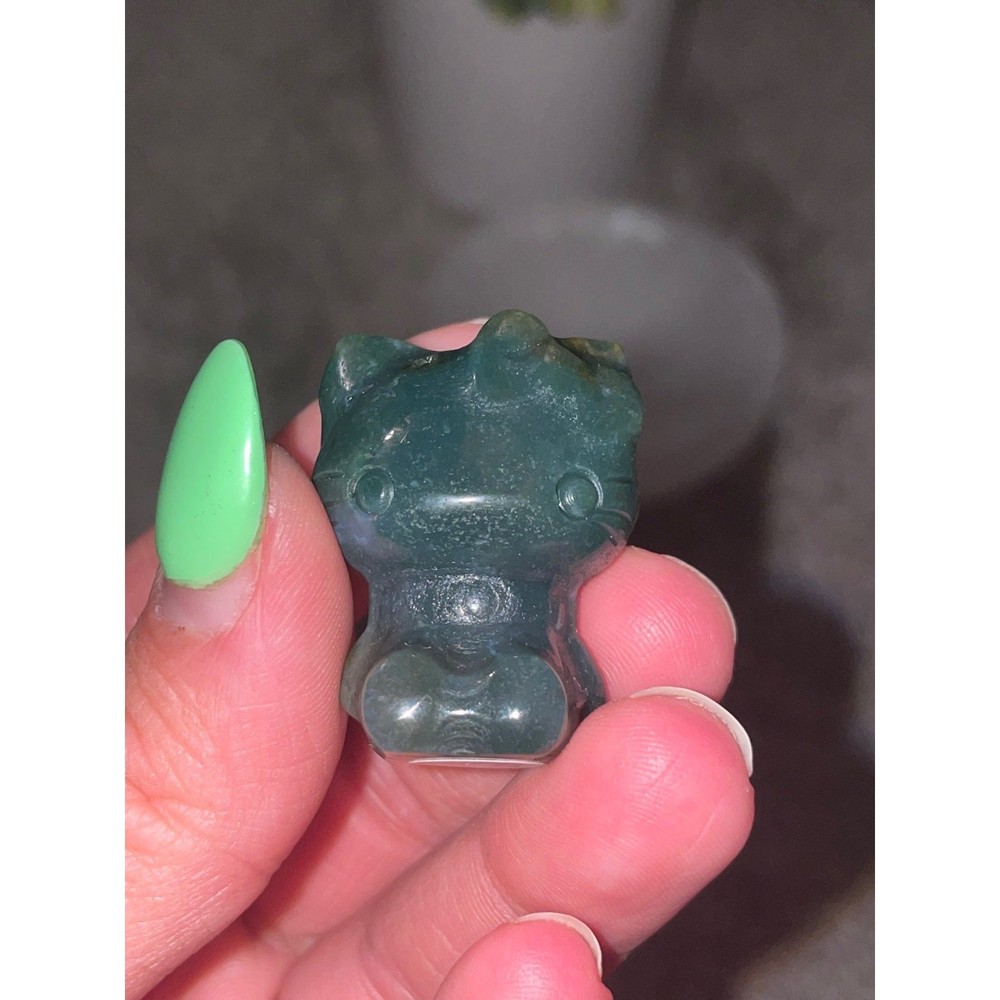 Moss Agate Hello Kitty Carving