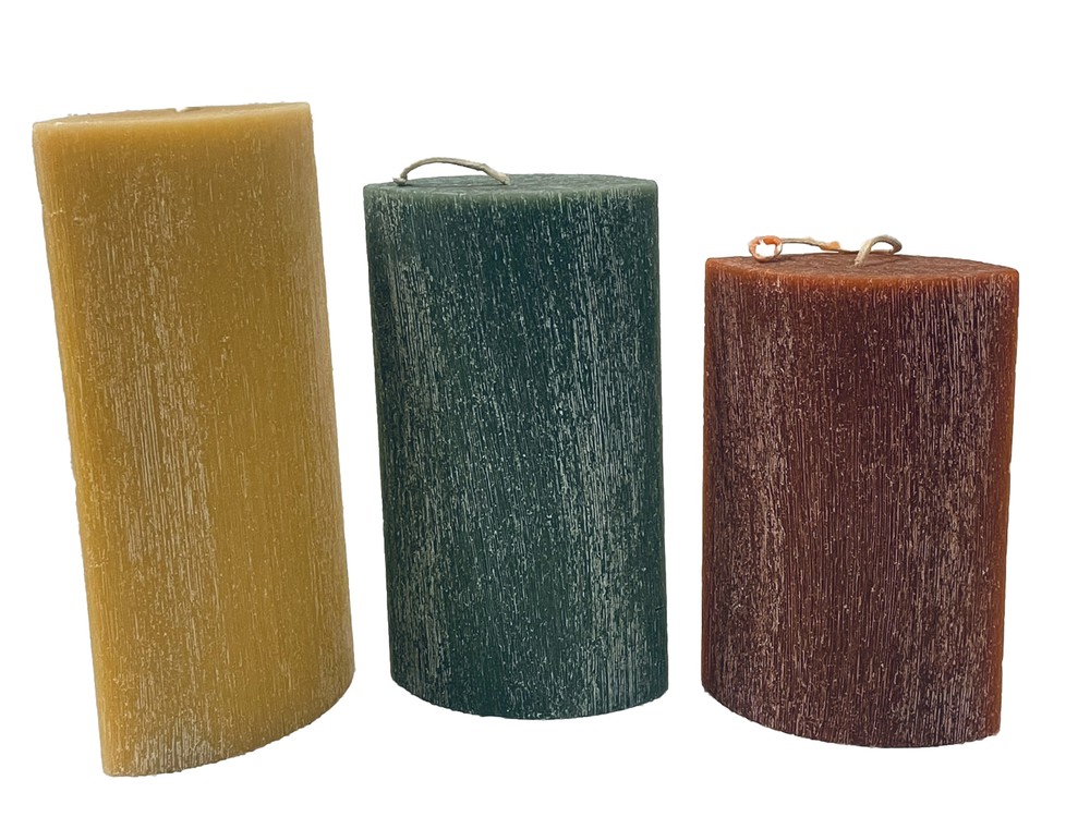 3 Salsa Style Art Studio Pillar Candles Handmade Rustic Cabin Christmas Tree
