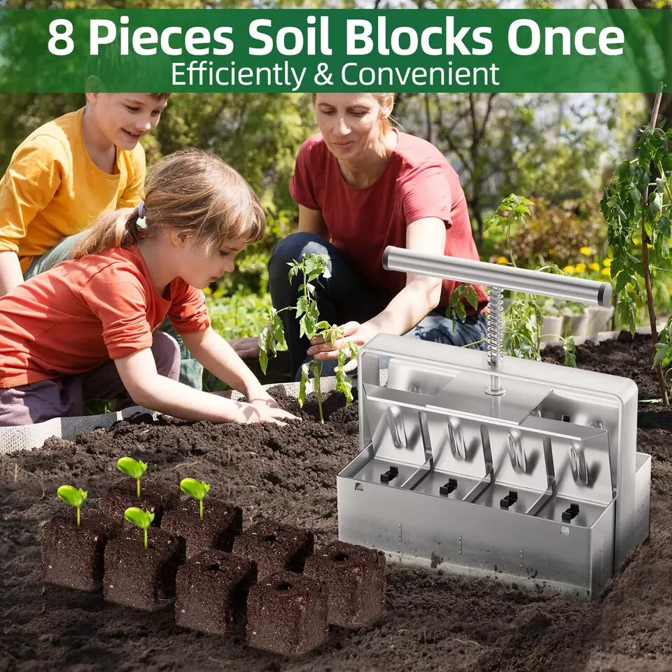 Soil Blocker 2"x8 Cell Soil Block Maker w/Handle & 3 Size Seed Pin Blocking Tool