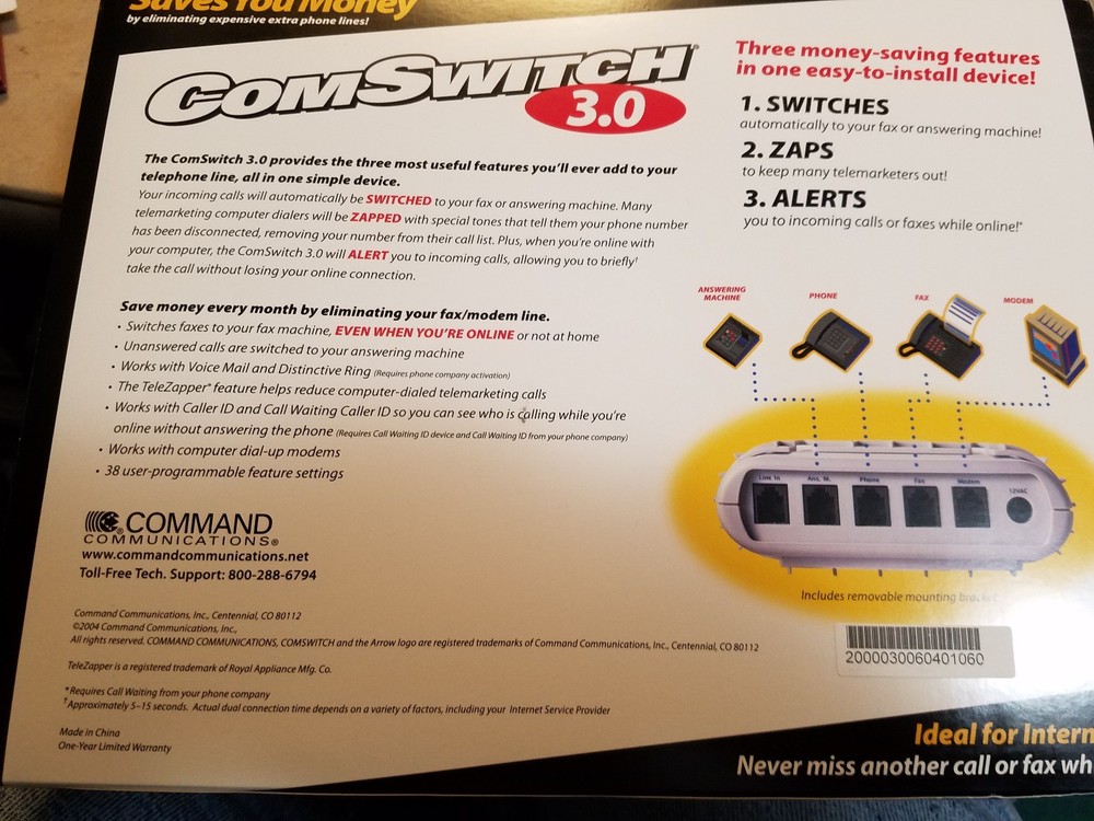 Command Communications ComSwitch 3.0 Shares Phone line between multiple devices