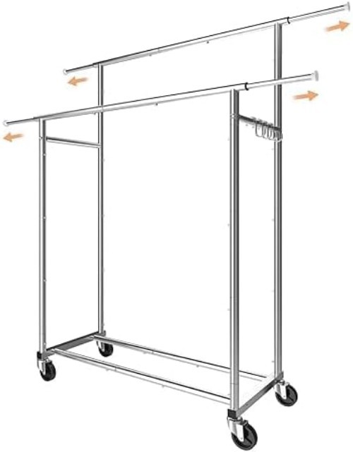 Double Rod Rolling Garment Rack Adjustable Clothes Hanging Organizer with Wheels