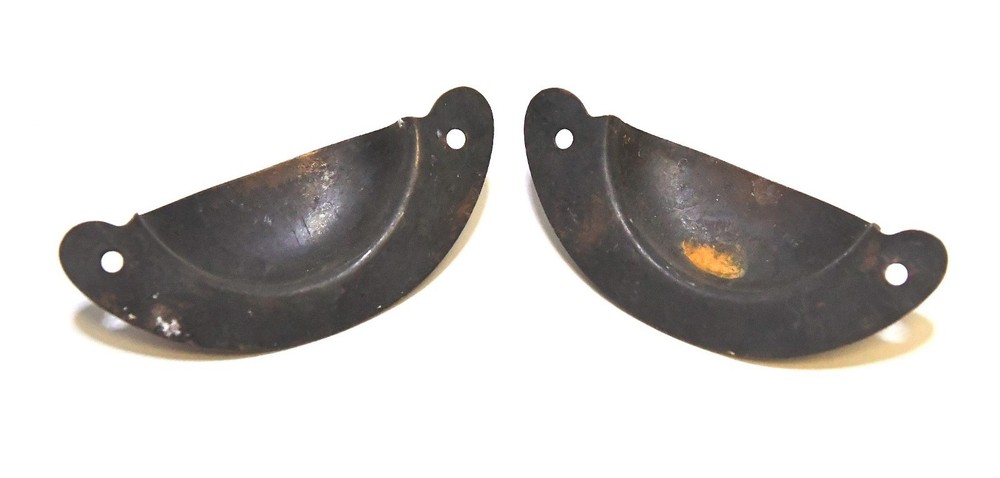 2 MATCHING VINTAGE PRESSED METAL CUP DRAWER PULL OR HANDLE SLIGHTLY JAPANNED