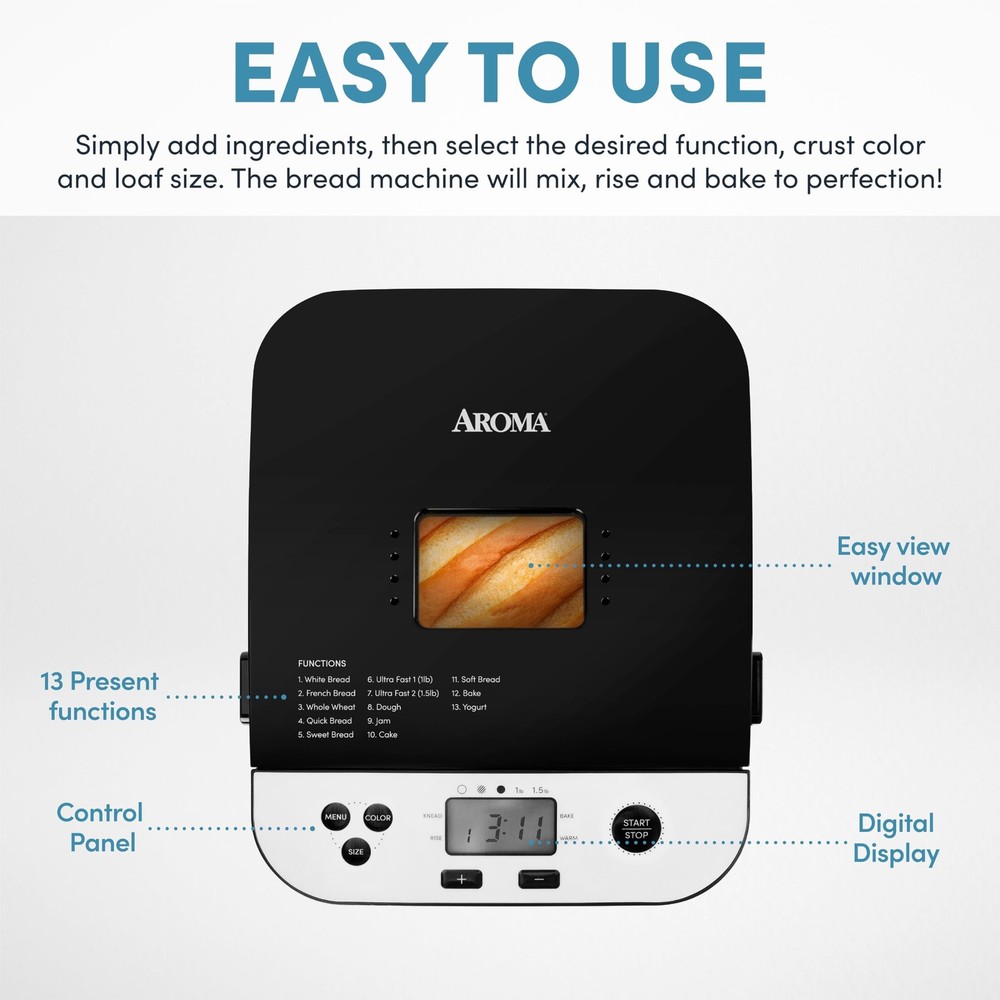 AROMA® 1.5lbs. Digital Bread Maker with Crust Customization, Clear-View Lid