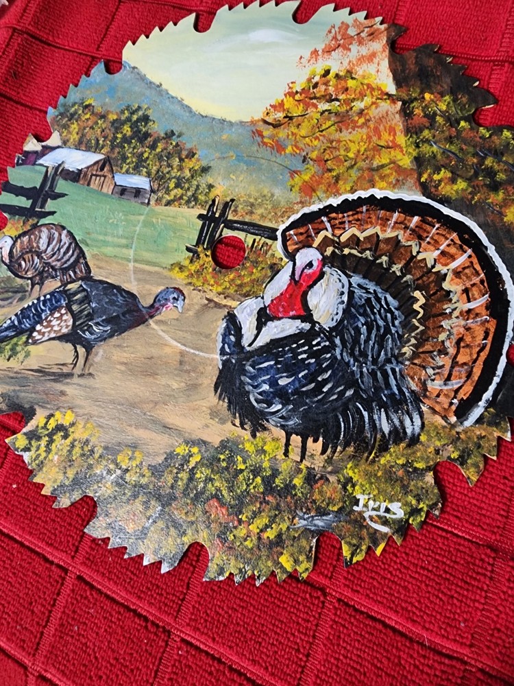 Rustic Hand-Painted Saw Blade. Country Scene With Turkeys. Over 20 years old.