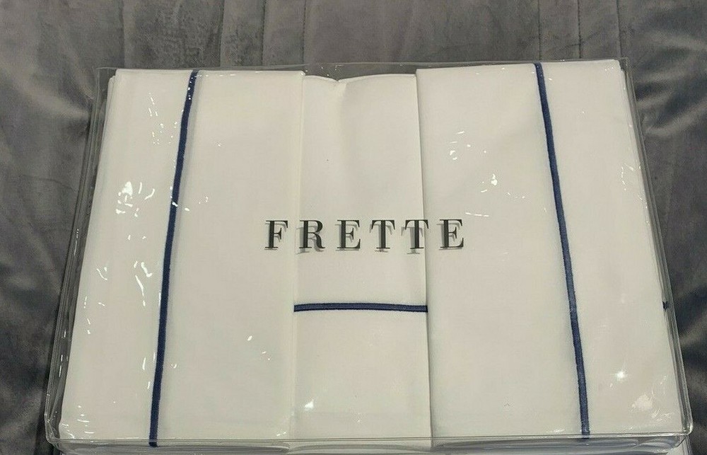 FRETTE ONE BOURDON QUEEN 4 PIECE SHEET SET PERCALE WHITE/NAVY