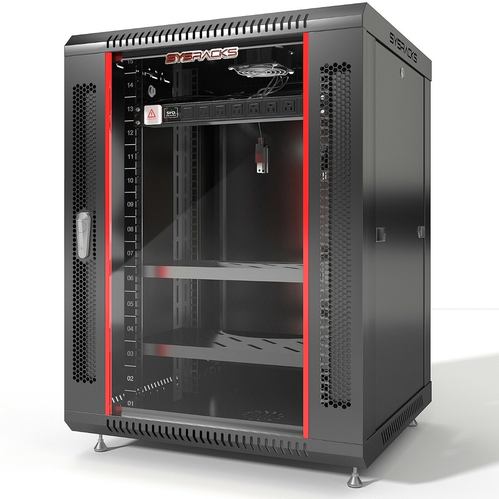 15U Server Rack Locking Network Cabinet Data Enclosure with PDU-Feet-Fan-Shelf