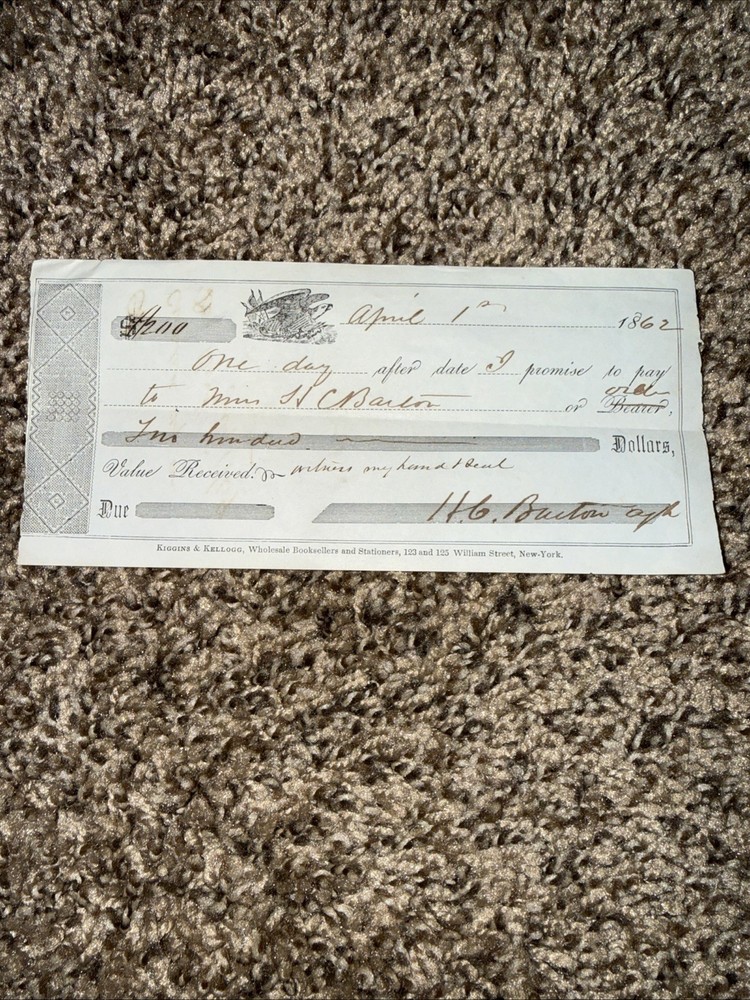 Cashed Vintage Civil War Era Check 1862