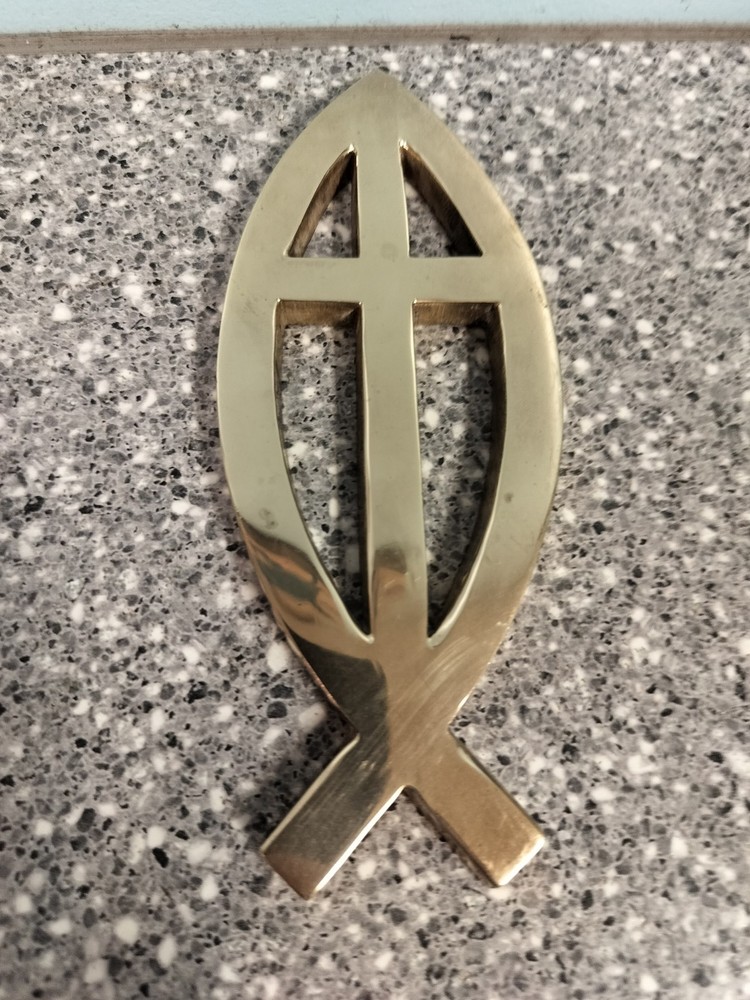 Solid Brass Fish Cross Emblem Paperweight