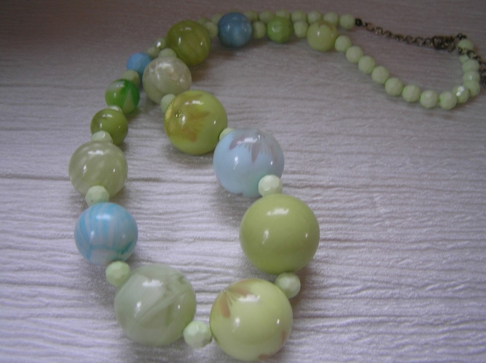 Nice Spring Designer Signed Light Blue & Green Infused Flower Graduated Plastic