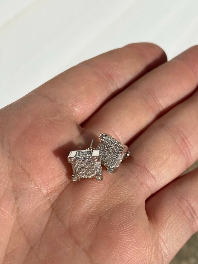 Mens Real Solid 925 Silver Iced CZ Hip Hop Earrings Studs Screw Back Cube