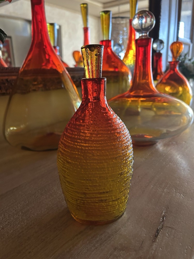 Blenko 6220s Strata Decanter In Tangerine with solid conical stopper.
