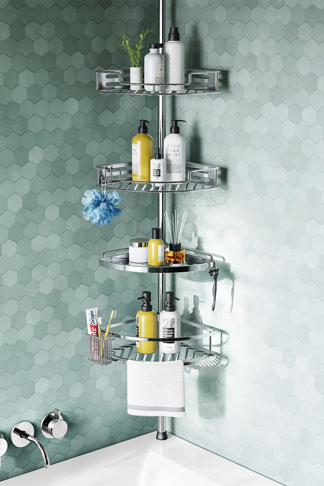 4-Tier Corner Shower Caddy Tension Pole - Adjustable Rustproof Bath Organizer