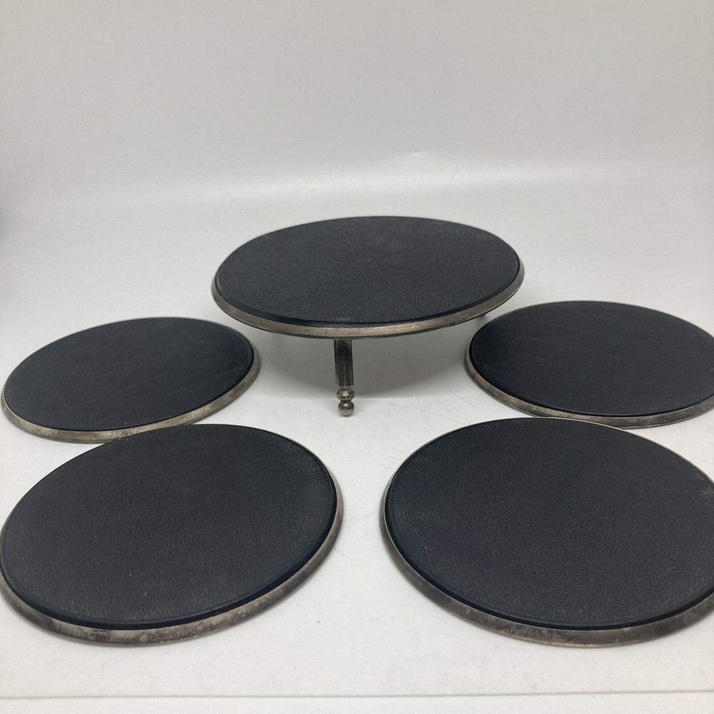 4 Embossed SilverPlate Antique Drink Coasters With Holder Unmarked.