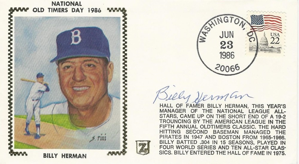 BILLY HERMAN AUTOGRAPH SIGNED 1986 Z SILK CACHET ENVELOPE BROOKLYN DODGERS