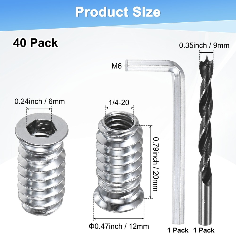 40-Pack Threaded Inserts, 1/4-20x20mm Nuts with A Wrench and Drill Bit [Silver]