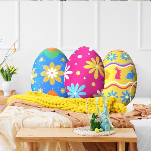 Thinkday 3 Pcs Easter Eggs Pillow Soft Plush Easter Eggs Shaped Pillow with PP