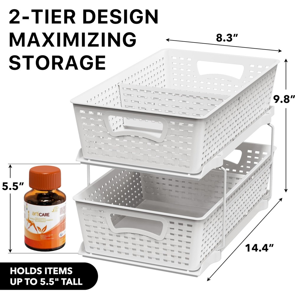 2 Tier Bathroom Organizer Tray Pull-Out Sliding Drawer, Under Sink Storage, W...