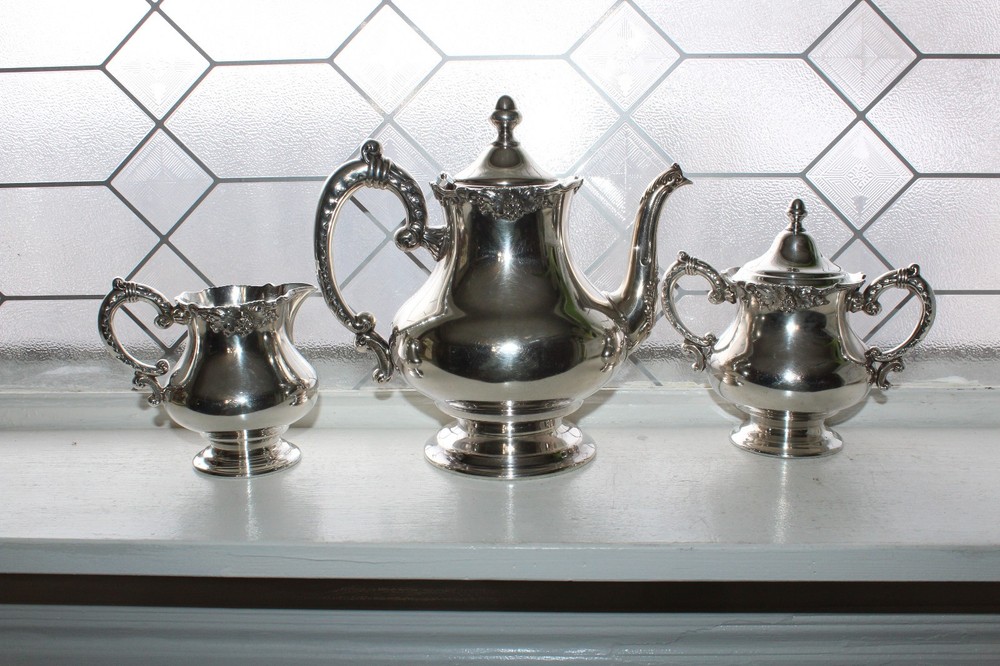 Antique Silverplate Teapot Creamer & Sugar EG Webster Silver Co Grape Pattern