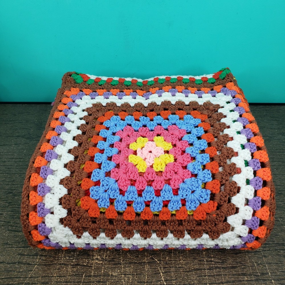 Hand Made Granny Square Afghan Bedspread Blanket Multi Colored Background 64x77