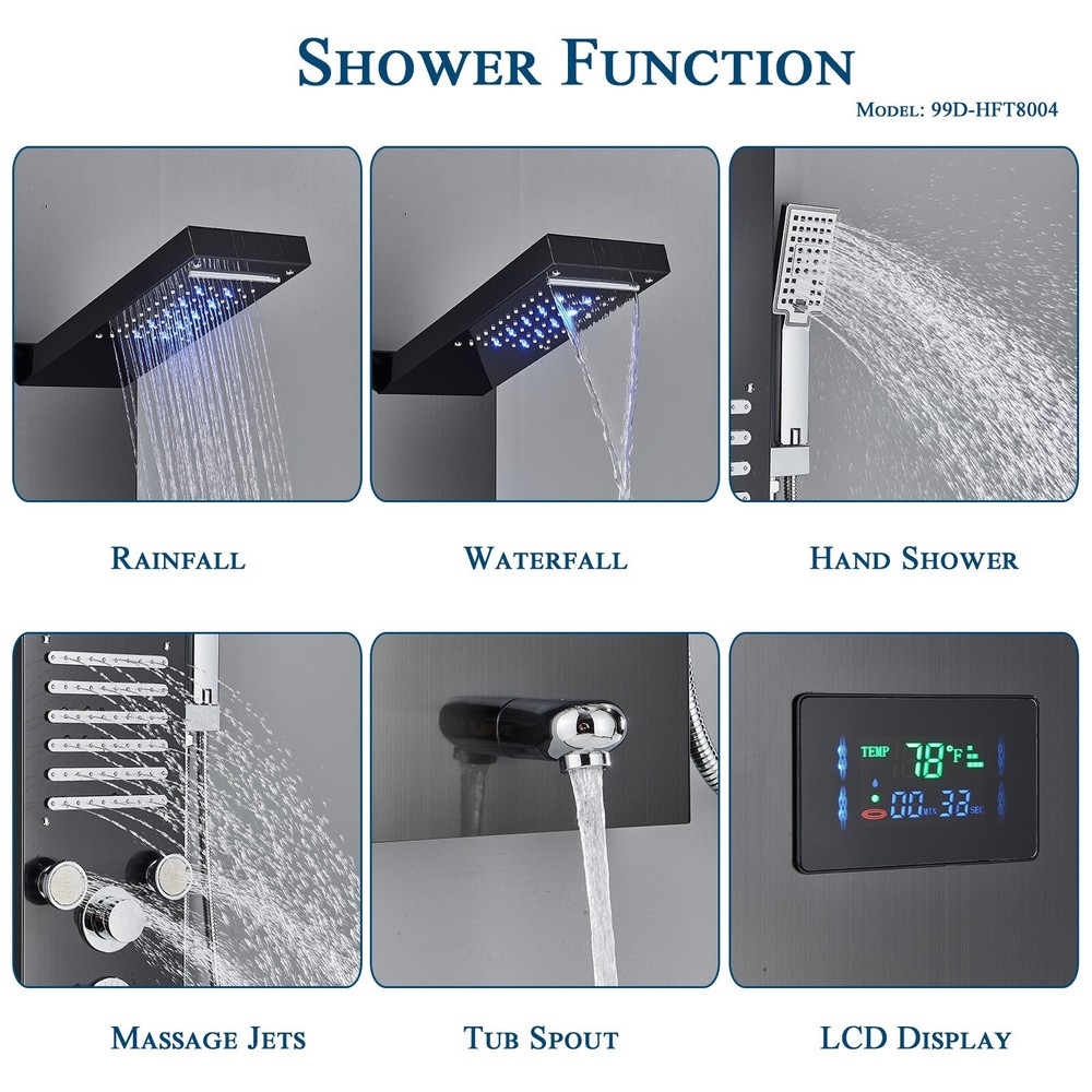 ELLO&ALLO LED Shower Panel Tower System Rainfall Waterfall Head Massage Body Jet