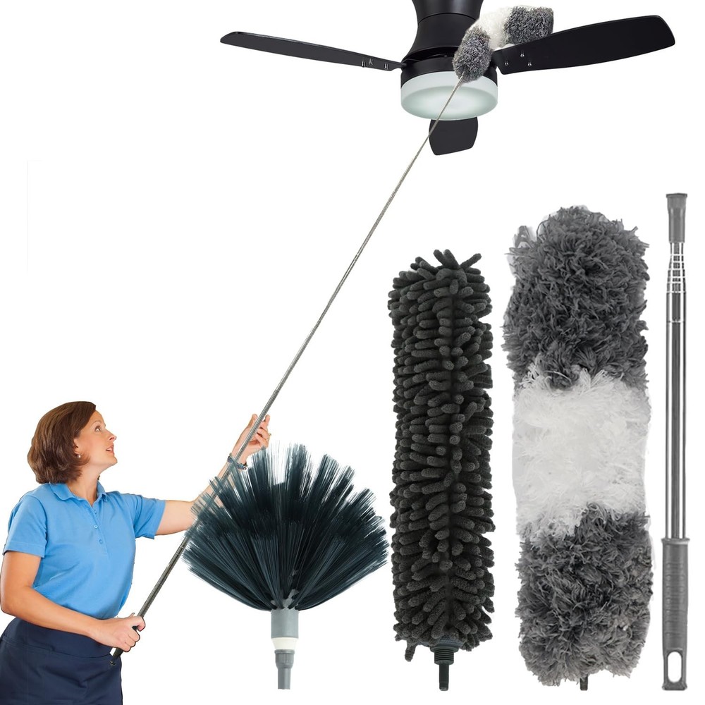4 Pcs Microfiber Cobweb Duster with 100" Extension Pole,Bendable Ceiling Fan ...