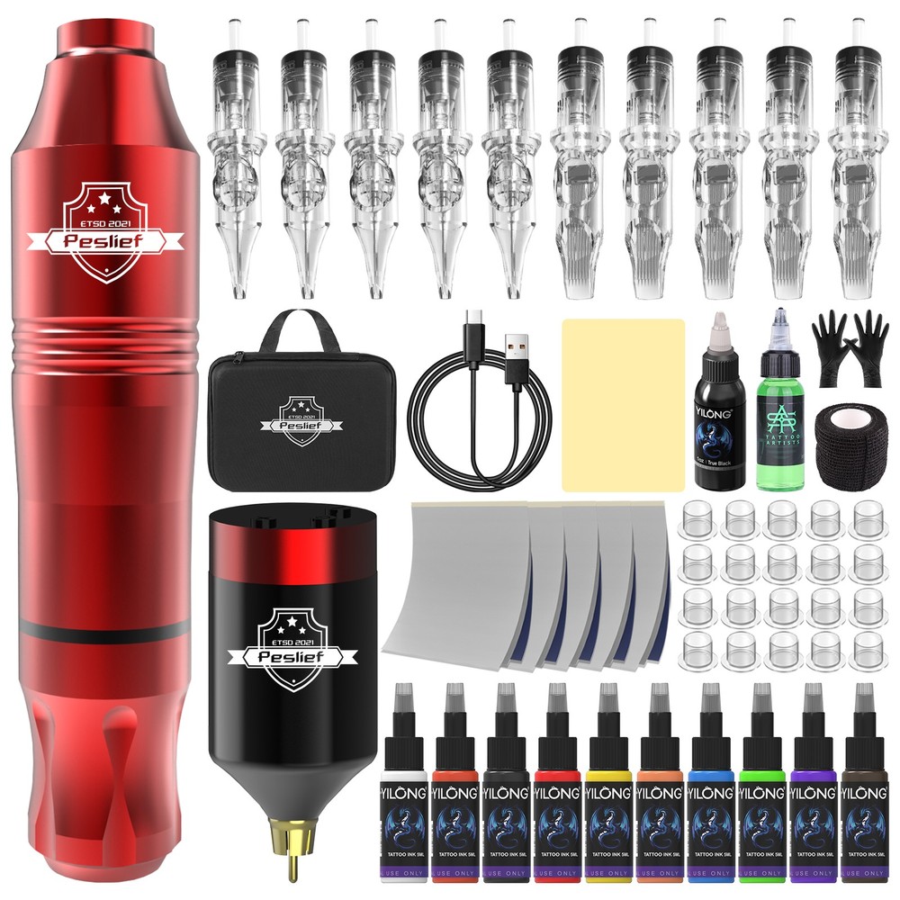Wireless Tattoo Kit for Beginners Red Gun Machine with Power Supply Needles Ink