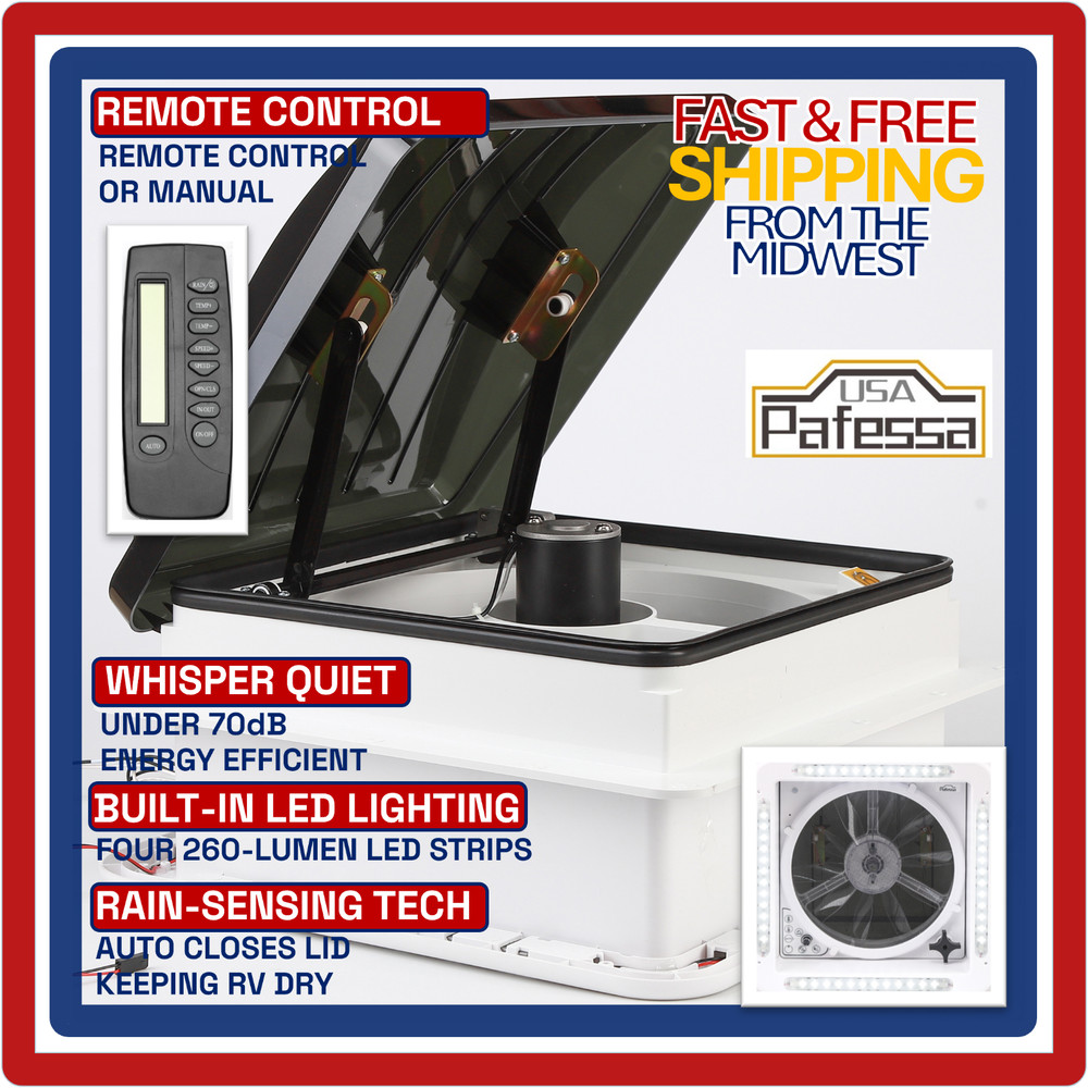 Pafessa USA 14" RV Roof Vent Fan with Rain & Temp Systems & LED Light, wRemote