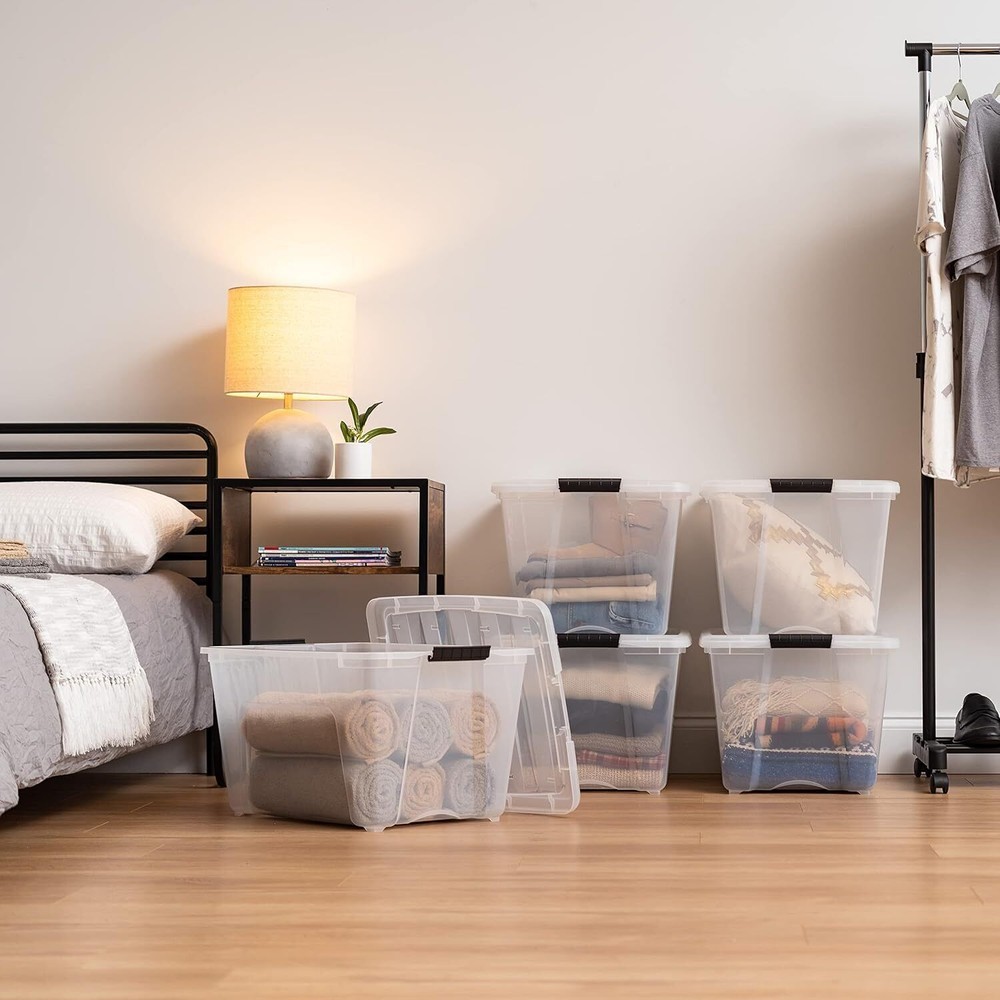 53 Quart Stackable Plastic Storage Bins with Lids and Latching Buckles 6 Pack