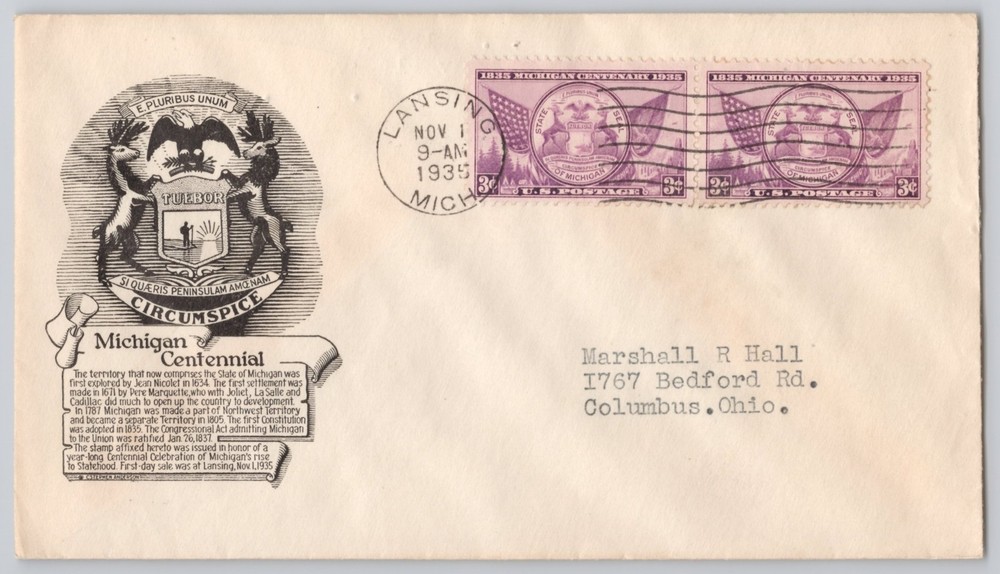 Lansing, Michigan, Centennial commemorative cachet, FDC 1935 3c