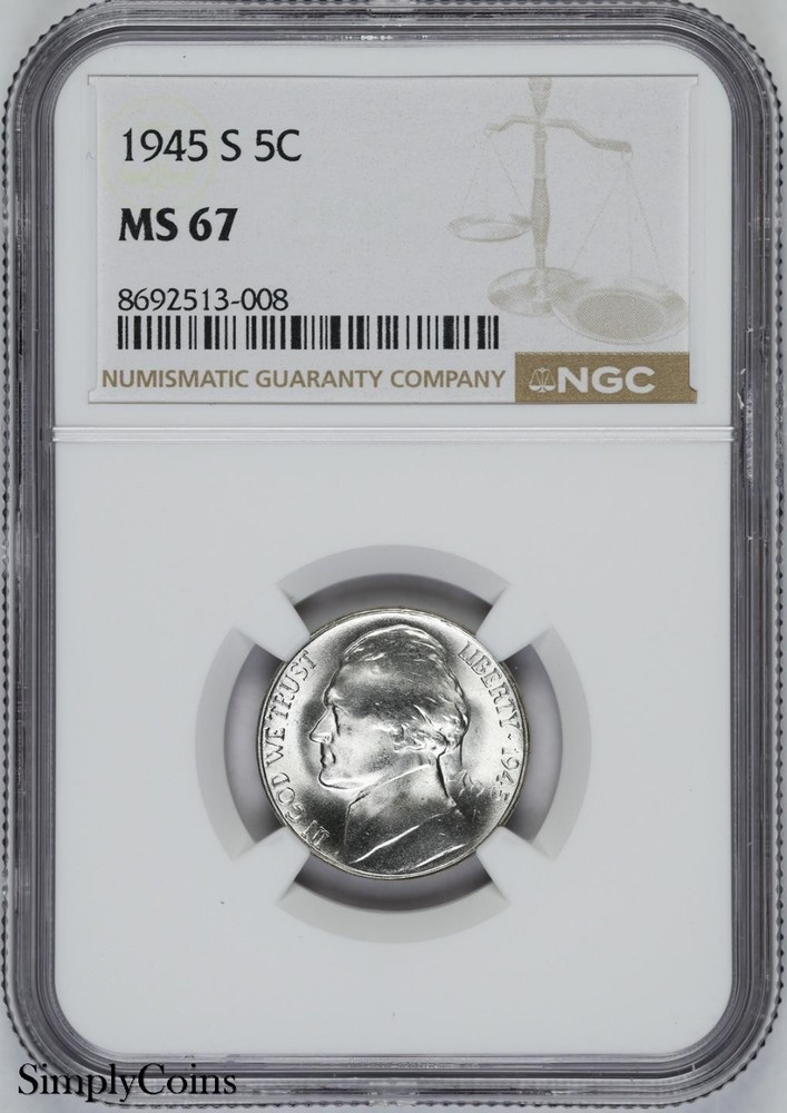 1945-S Jefferson Nickel NGC MS67 Silver War STUNNING BRIGHT WHITE!