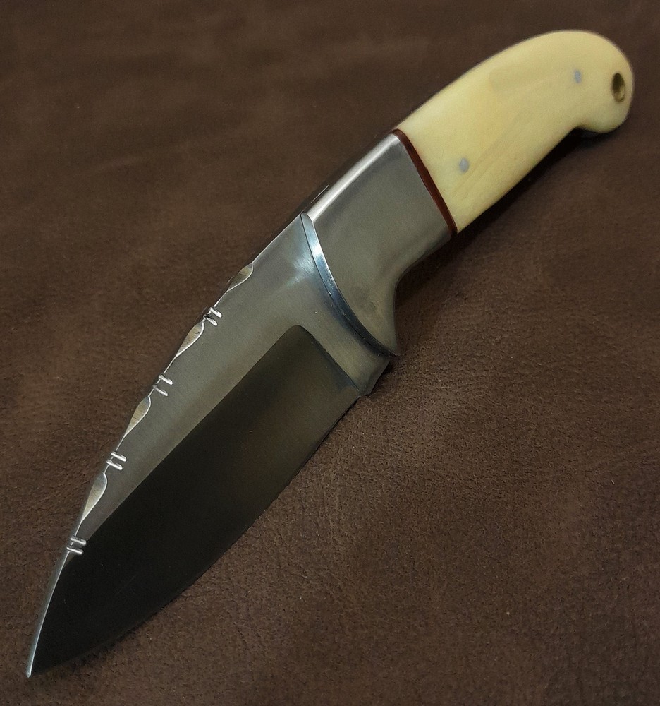 7" Real Bone Handle Fileworked Skinner Knife w/Leather Sheath