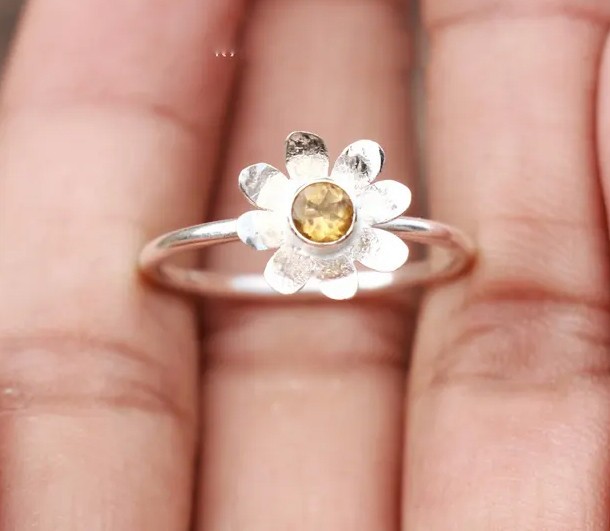 Solid 925 Sterling Silver Flower Yellow Citrine Gemstone Handmade Floral Ring