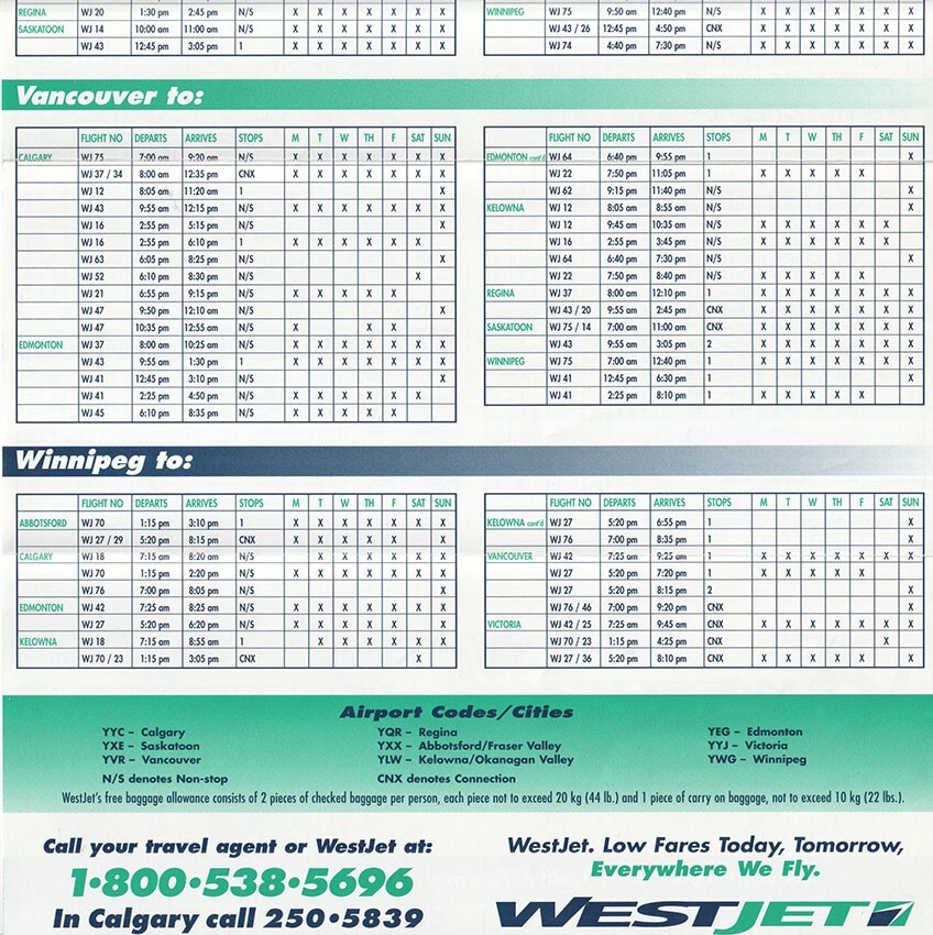 WestJet timetable 1998/06/25