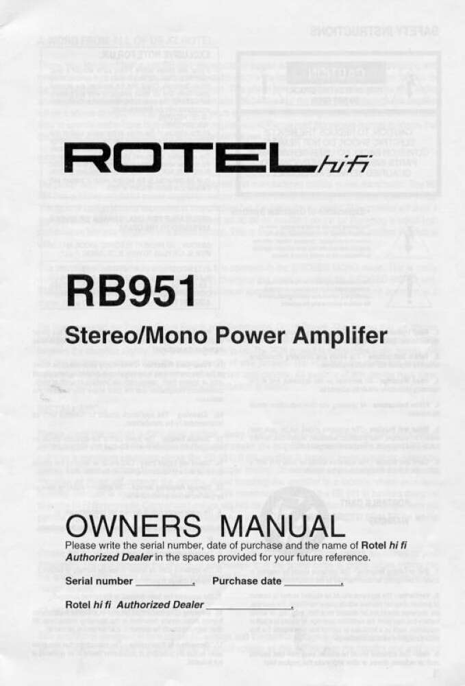 Rotel RB-951 Amplifier Owners Manual