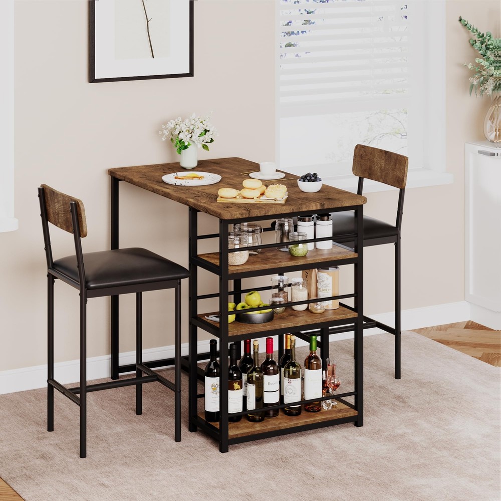 Modern Dining RoomTable Set for 2 Kitchen Table with 2 Chairs w/ Storage Shelves