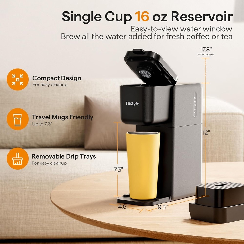 Versatile Coffee Maker for K-Cups and Tea - Compact, Splash-proof, 4 Brew Styles