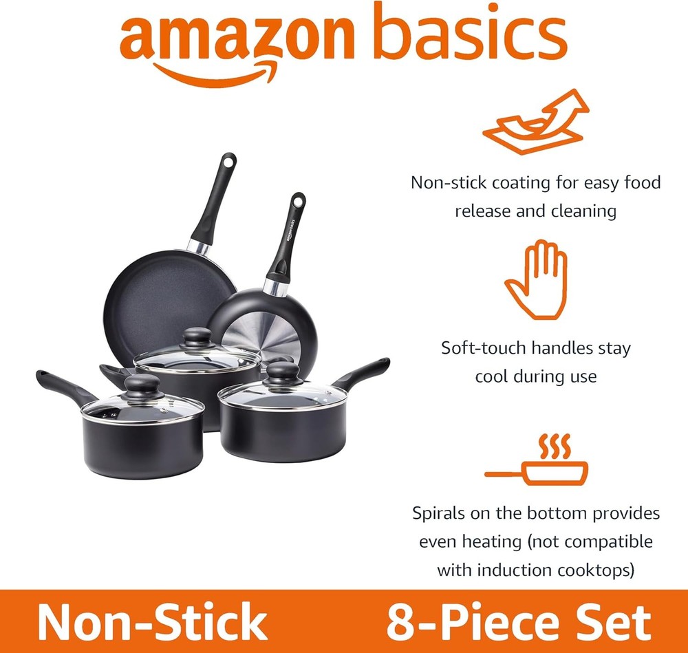 Non-Stick Kitchen Cookware 8-Piece Set Non-Induction Includes Pots & Pans Black