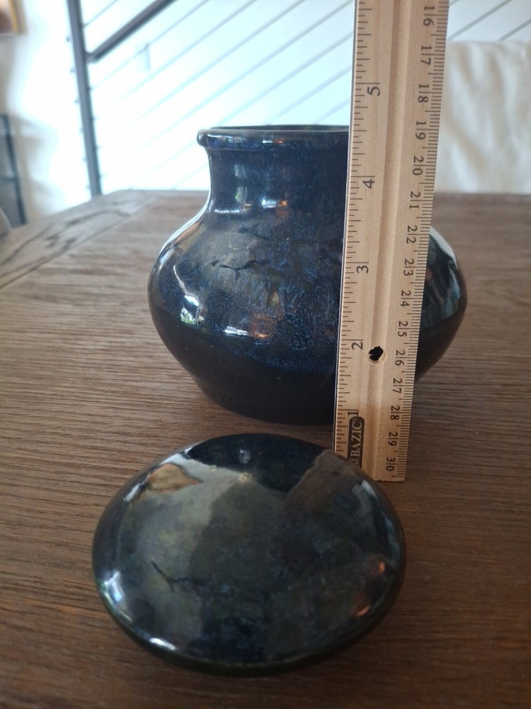 Studio Art Lidded Jar Dark Blue Glaze Pretty Shape Substantial Use Or Admire It!