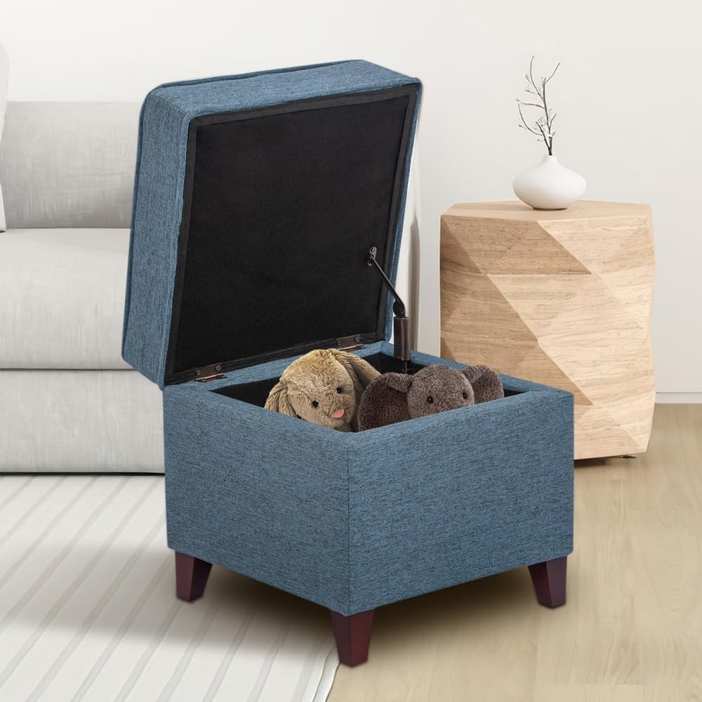 Blue storage bench with hinged lid and solid wood legs, linen-covered footstool