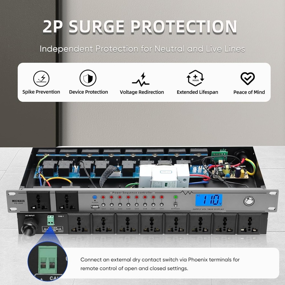 Versatile 20A Power Conditioner with 10 Outlets & Bypass Mode for Audio Systems
