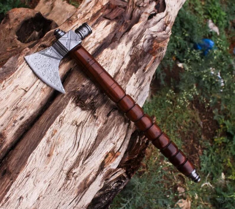 Custom Handmade Forged Damascus Blade Pipe Axe Tomahawk Hatchet Integral Axe